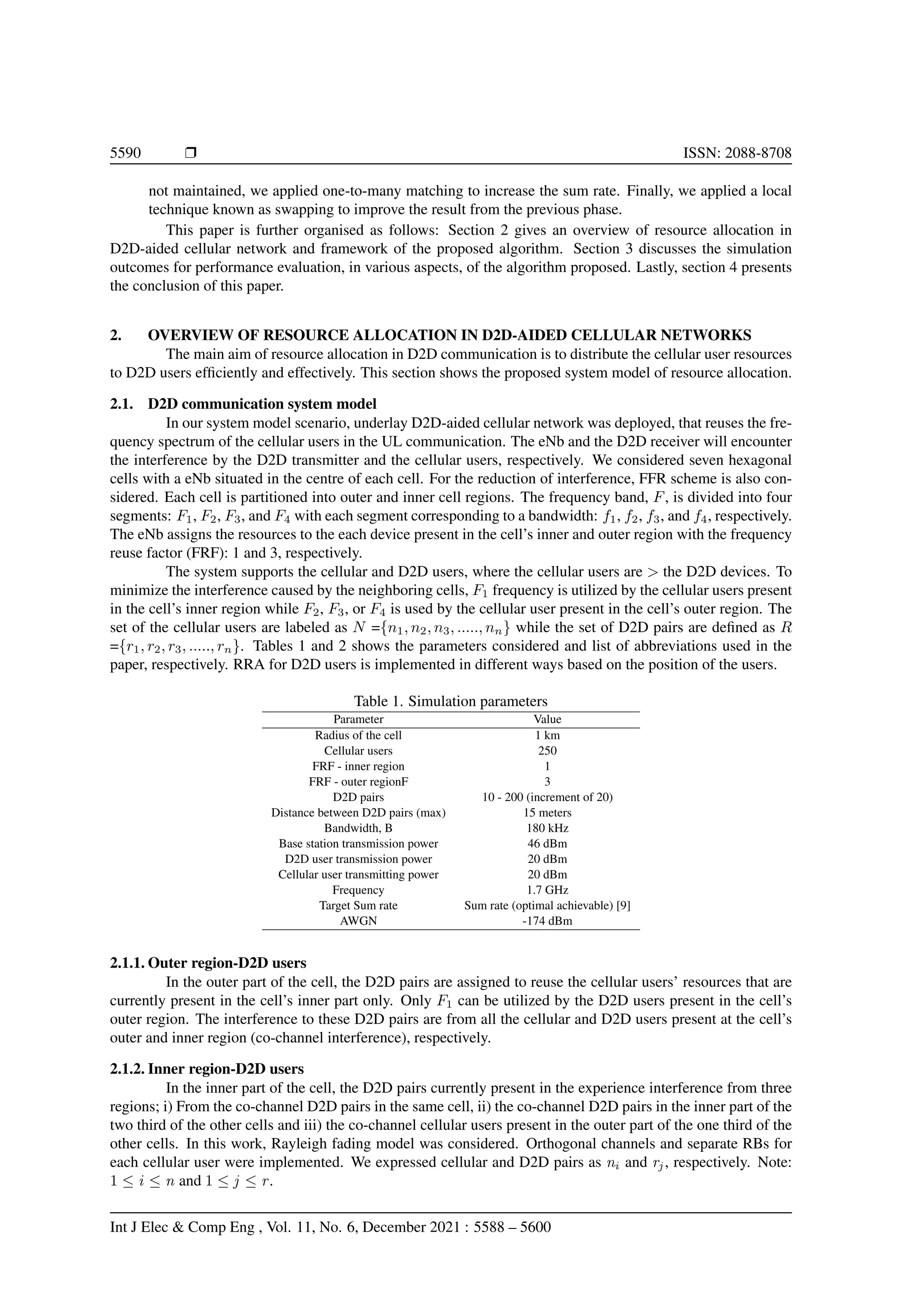 5590 r ISSN: 2088-8708
not maintained, we applied one-to-many matching to increase the sum rate. Finally, we applied a local
technique known as swapping to improve the result from the previous phase.
This paper is further organised as follows: Section 2 gives an overview of resource allocation in
D2D-aided cellular network and framework of the proposed algorithm. Section 3 discusses the simulation
outcomes for performance evaluation, in various aspects, of the algorithm proposed. Lastly, section 4 presents
the conclusion of this paper.
2. OVERVIEW OF RESOURCE ALLOCATION IN D2D-AIDED CELLULAR NETWORKS
The main aim of resource allocation in D2D communication is to distribute the cellular user resources
to D2D users efficiently and effectively. This section shows the proposed system model of resource allocation.
2.1. D2D communication system model
In our system model scenario, underlay D2D-aided cellular network was deployed, that reuses the fre-
quency spectrum of the cellular users in the UL communication. The eNb and the D2D receiver will encounter
the interference by the D2D transmitter and the cellular users, respectively. We considered seven hexagonal
cells with a eNb situated in the centre of each cell. For the reduction of interference, FFR scheme is also con-
sidered. Each cell is partitioned into outer and inner cell regions. The frequency band, F, is divided into four
segments: F1, F2, F3, and F4 with each segment corresponding to a bandwidth: f1, f2, f3, and f4, respectively.
The eNb assigns the resources to the each device present in the cell’s inner and outer region with the frequency
reuse factor (FRF): 1 and 3, respectively.
The system supports the cellular and D2D users, where the cellular users are > the D2D devices. To
minimize the interference caused by the neighboring cells, F1 frequency is utilized by the cellular users present
in the cell’s inner region while F2, F3, or F4 is used by the cellular user present in the cell’s outer region. The
set of the cellular users are labeled as N ={n1, n2, n3, ....., nn} while the set of D2D pairs are defined as R
={r1, r2, r3, ....., rn}. Tables 1 and 2 shows the parameters considered and list of abbreviations used in the
paper, respectively. RRA for D2D users is implemented in different ways based on the position of the users.
Table 1. Simulation parameters
Parameter Value
Radius of the cell 1 km
Cellular users 250
FRF - inner region 1
FRF - outer regionF 3
D2D pairs 10 - 200 (increment of 20)
Distance between D2D pairs (max) 15 meters
Bandwidth, B 180 kHz
Base station transmission power 46 dBm
D2D user transmission power 20 dBm
Cellular user transmitting power 20 dBm
Frequency 1.7 GHz
Target Sum rate Sum rate (optimal achievable) [9]
AWGN -174 dBm
2.1.1. Outer region-D2D users
In the outer part of the cell, the D2D pairs are assigned to reuse the cellular users’ resources that are
currently present in the cell’s inner part only. Only F1 can be utilized by the D2D users present in the cell’s
outer region. The interference to these D2D pairs are from all the cellular and D2D users present at the cell’s
outer and inner region (co-channel interference), respectively.
2.1.2. Inner region-D2D users
In the inner part of the cell, the D2D pairs currently present in the experience interference from three
regions; i) From the co-channel D2D pairs in the same cell, ii) the co-channel D2D pairs in the inner part of the
two third of the other cells and iii) the co-channel cellular users present in the outer part of the one third of the
other cells. In this work, Rayleigh fading model was considered. Orthogonal channels and separate RBs for
each cellular user were implemented. We expressed cellular and D2D pairs as ni and rj , respectively. Note:
1 ≤ i ≤ n and 1 ≤ j ≤ r.
Int J Elec & Comp Eng , Vol. 11, No. 6, December 2021 : 5588 – 5600
 