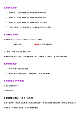 法規命令之別稱？


〔1〕 授權命令。→ 行政機關獲得法律的授權所制頒的命令


〔2〕 委任命令。→ 行政機關基於立法權的委任所作的命令


〔3〕 委任立法。→ 行政機關受到立法權的委任作立法的行為


〔4〕 行政立法行為。→ 行政機關受到立法權的委任作立法的行為



禁止轉委任之原則？


全民健保法→→→→→→→→→Ａ機關→→→→→→→→→Ｂ機關


　　　　　　授權〔委任〕　　　　　　　轉委任？ 不可以轉委任



註：釋字 524 號→目的為落實責任政治


授權制定法規命令之法律，加無得轉授權之規定，受授權之行政部門，應不得自行轉授權



授權明確性原則？


〔1〕 釋字 313 號→ 避免空泛授權


〔2〕 最符合民主法治國之要求。(授權明確性 → 內容 目的 範圍)



先例拘束原則〔平等原則〕


行政法院組織法§16


法院組織法§57



立法院職權行使法 §13？目的→ 法案清倉


屆期不連原則。(新任的立法委員不幫前任的擦屁股) → 每屆立法委員任期屆滿時，除預(決)算案及人民


請願案外，尚未議決之議案，下屆不予繼續審議。
 