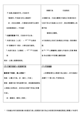 高權行為        行政契約
  ※ 抽象﹙非量身訂作﹚→行政命令


   (誰要用→不知道 任何人都適用)            ＃高權行為：行政主體單方(強制力)的意思表示


   如：兵役法授權 → 只要當兵的都可以適用        (決定)(多以行政處分之方式)，須法律授權對人民


  但是誰要當兵 → 不知道)                課予相


                                   當服從之義務。
 ◎ 依適用對象不同，行政命令可分為：


 1. 外部行政法〔人民〕 → AP’’150 法規命    ＃行政契約之目的乃為增進公共利益→ 契約標的


  令 (授權命令) 例如：大學法施行細則。         說


　 2. 內部行政法〔公務員〕→ AP’’159 行政規   如 Nr. 348 公費醫學生 國家七年給你七百萬 畢業


  則                            後 你必須要六年到署立醫院服務


例如：公務人員請假規則。


(三) 公權力措施 vs 私經濟行政             (一) 行政機關


國家脫下制服，換上便服？                    人民僭稱﹙冒充﹚公務員行為之處分→ 非行政處分


制服：公權力行政。如：當兵 （行政）             ﹙訴願§７７第８項→不受理決定﹚


便服：國庫行政 (即私經濟行政，是指國家處與私


人相當之法律地位，並在私法支配下所為之各種


行為)。


  如：國營店、郵局（民事）




＊ 行政處分和行政契約最大的區別乃是人民對該行政行為之內容是否具有最低限度之影響力 (內容可
 