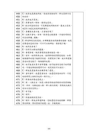 449   C：政府也是跟我們說，有政府認證的阿，那大家都不信
    450   任政府。
    451   A：政府也不是說…
    452   E：其實他們一開始，應該也是有…
    453   A：政治利益的存在，可是聯盟他們做的好，基本上是說，
    454   他(李小姐)已經使用過那麼久。
    455   C：身體有改善以後，才會相信嗎？
    456   A：比較不會吧。有啦，飲食是比較重要，不過有時候從
    457   外在的那種…運動。
    458   E：那老師有沒有想說…主婦聯盟在他們推廣的過程，就是
    459   在傳達訊息的方面，可不可以做哪些，像發電子報。
    460   A：他們沒有喔？
    461   E：你們可以跟他們建議。
    462   A：要環保喔，既然要環保就要做徹底一點。
    463   E：有阿，他們用再生紙。我們那時候其實是想說，如果
    464   每個禮拜的電子報都拿來看，其實更快了解，就不用還要
    465   靠老社員這樣子，每個禮拜收集。
    466   A：他可能老社員不會用電腦，他可能會有這樣子的考量
    467   吧。不過這個我就覺得可以，就是說你可以並行。
    468   C：那就是還會再回去購買嗎？還是…
    469   A：會阿會阿，我還是會回去，我還是很想回去阿。只是
    470   他的時間上面配合也有一點不太…。
    471   E：因為他好像也是晚上。
    472   A：對，八點左右。但是八點有時候我們剛好回來煮個飯
    473   阿，弄好，大概也就八點，那八點又很晚，因為他大概只
    474   有白天菜在菜架上。
    475   E：有可能。
    476   A：對阿。
    477   E：然後就剛好是空的。
    478   A：對阿。那我去那邊幹麻。宅配還是有他的困難，那要
    479   等到那個，等到整個多發覺一些，多聽幾場。
 




                       103 
 
 