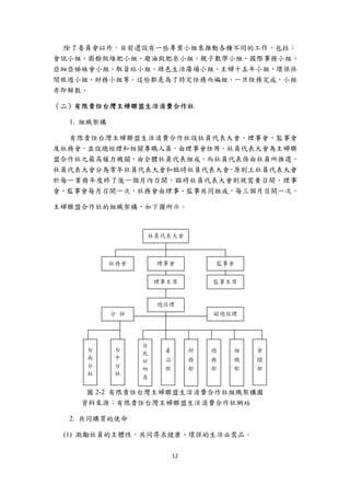 除了委員會以外，目前還設有一些專案小組來推動各種不同的工作，包括：
會訊小組、廚餘做堆肥小組、廢油做肥皂小組、親子數學小組、國際事務小組、
亞細亞姊妹會小組、取貨站小組、綠色生活廣場小組、主婦十五年小組、環保休
閒旅遊小組、財務小組等。這些都是為了特定任務而編組，一旦任務完成，小組
亦即解散。

（二）有限責任台灣主婦聯盟生活消費合作社

    1. 組織架構

  有限責任台灣主婦聯盟生活消費合作社設社員代表大會、理事會、監事會
及社務會，並設總經理和相關專職人員，由理事會任用。社員代表大會為主婦聯
盟合作社之最高權力機關，由全體社員代表組成，而社員代表係由社員所推選。
社員代表大會分為常年社員代表大會和臨時社員代表大會，原則上社員代表大會
於每一業務年度終了後一個月內召開，臨時社員代表大會則視需要召開。理事
會、監事會每月召開一次，社務會由理事、監事共同組成，每三個月召開一次。

主婦聯盟合作社的組織架構，如下圖所示。




       圖 2-2 有限責任台灣主婦聯盟生活消費合作社組織架構圖
      資料來源：有限責任台灣主婦聯盟生活消費合作社網站

    2. 共同購買的使命

    (1) 激勵社員的主體性，共同尋求健康、環保的生活必需品。

                    12 
 
 
