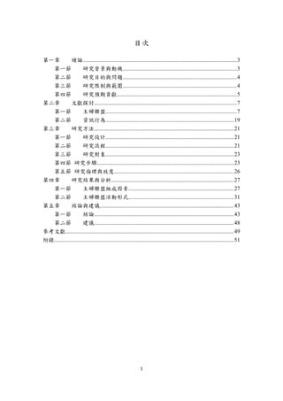 目次

第一章           緒論............................................................................................................ 3
  第一節                 研究背景與動機................................................................................ 3
  第二節                 研究目的與問題................................................................................ 4
  第三節                 研究限制與範圍................................................................................ 4
  第四節                 研究預期貢獻.................................................................................... 5
第二章           文獻探討.................................................................................................... 7
  第一節                 主婦聯盟............................................................................................ 7
  第二節                 資訊行為.......................................................................................... 19
第三章           研究方法.................................................................................................. 21
  第一節                 研究設計.......................................................................................... 21
  第二節                 研究流程.......................................................................................... 21
  第三節                 研究對象.......................................................................................... 23
  第四節 研究步驟................................................................................................ 23
  第五節 研究倫理與效度.................................................................................... 26
第四章           研究結果與分析...................................................................................... 27
  第一節                 主婦聯盟組成因素.......................................................................... 27
  第二節                 主婦聯盟活動形式.......................................................................... 31
第五章           結論與建議.............................................................................................. 43
  第一節                 結論.................................................................................................. 43
  第二節                 建議.................................................................................................. 48
參考文獻...................................................................................................................... 49
附錄.............................................................................................................................. 51




                                                                1 
 
 