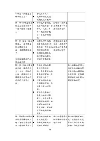 小姐先、然後是夫      會議主導人。
婦中的太太。        夫婦中的太太說
              他們是退休教師
18：40─咖啡色外套   咖啡色外套的太 同時間，我們也
的太太自我介紹中      太名叫張月雲，台 在準備等一下自
一位年輕的小姐進      中人，入社 7-8 我介紹的台詞
入。            年，職位似乎較
              小，自我介紹簡
              短。
18：45─又有一對夫   這對夫婦年紀較 非常輕鬆的自我
婦進入，為了讓每      輕看起來只有 40 介紹，並將我們
對夫婦能坐在一       歲左右，不知道他 三個人的背景及
起，黃提議換個位      們遲到的原因。 來由詳細說明
子。            我們說我們是來
              做研究的兩對夫
坐定位後換我們三      婦似乎有點訝異。
個自我介紹。
18：50─年輕夫婦自   年輕夫婦兩位都             蔡小姐藉由說明小
我介紹，順序是先      是現役學校老              孩有先天過敏而帶
生、太太、年輕的      師，先生笑說他也            出自己加入聯盟的
小姐、最後回到主      是來做研究的，感            主要原因，有強調
婦聯盟方面穿白色      覺不會入會？              聯盟的食品是對人
外套的中長髮小       所有的客人自我             體健康的感覺。
姐。            介紹都非常短，應
              該是沒有心理準
              備。
              穿白色外套的中
              長髮小姐名叫蔡
              麗珍，現在隸屬主
              婦聯盟組織課，她
              說到他的孩子有
              先天過敏，開始有
              宣傳組織精神的
              感覺。
18：55─蔡小姐開始   蔡小姐講的有點     我們也覺得蔡小 蔡小姐講的有點生
介紹共同構這個主      生疏的感覺。      姐在講解的過程 疏，並指出自己是
題，為何需要交股      年輕夫婦看起手     有點生疏    第一次分享自己的
金、每年繳多少、      邊的主婦聯盟              經驗，但是在說明

                    53 
 
 