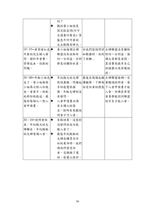 何？
              聽到黃小姐說是
              固定配菜時(不可
              自選要什麼菜)，穿
              藍色牛仔外套的
              太太眼睛有睜大。
19：57─身穿暗紅色   黃小姐強調主婦 但我們想詢問詳 主婦聯盟沒有賺取
外套的先生插入發      聯盟沒有收取任 細數據時，欲到 任何一分利益，強
問。關於年會費、      何一分利益，全部 了困難…   調大家都是老闆，
管理成本、設點的      都是回饋給社員。        靠消費來提昇自己
問題。                           的健康以及保護地
                              球。
20：00─年輕小姐先   年紀較大的夫婦 最後在現場也繼 主婦聯盟強調一定
走了，黃小姐與蔡      很認真聽，問題也 續觀察，了解每 要聽過說明會，簽
小姐再次對入社股      多但感覺很猶   位受訪者的情態 下入會申請書才能
金、會員卡、班配      豫。年輕夫婦則沒         入會，彷彿是希望
的部份做敘述，最      有發問。             會員都能認同聯盟
後給每個人一張入      入會申請書必須          的宗旨才能入會。
會申請書。         有主講人的簽
              名，證明有來聽說
              明會才可入會。
20：10─說明會結    有點訝異，沒想到
束，年紀較大的夫      沒發問的反而乾
婦離去，年紀較輕      脆入會了。
的夫婦當場入會。      最後年紀較輕的
              夫婦在購買合作
              社的東西時，我們
              請他們當受訪
              者，交換換了電
              話，感覺人很好。




                    56 
 
 