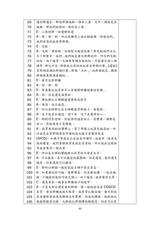 69    邊到那邊去，那他那個地點一個在三重，另外一個就是在
    70    板橋，那我們就剛好…剛好在三角。
    71    E：三角地帶，兩邊都很遠
    72    A：對，對，對，所以在購買上面比較麻煩。然後他們…
    73    我們有想到就是用那個…
    74    E：宅配。
    75    A：宅配，用班配，但班配不曉得找誰？那宅配我們又吃
    76    不了那麼多，我們…我們就是要吃新鮮的阿，阿你們宅配
    77    的話，兩千塊買一大堆裝整個冰箱的話，可能要吃兩三個
    78    禮拜，那吃不完。那像我之前的話也有去那個什麼…(遲疑)
    79    買那個澎湖的那個什麼…那個「天和」，他那個就是…標榜
    80    那個無農藥海產類的…
    81    E：真空包裝那種
    82    A：對，對，對
    83    E：因為最近也是很多人會選擇那種健康的有機…
    84    A：對，但是還是滿貴的。
    85    E：價位都比主婦聯盟還要再高很多
    86    A：再高，反正就是…
    87    E：所以老師那天在主婦聯盟買那樣子，會覺得…
    88    A：至少就是知道說，喝下去，吃下去覺得安心。
    89    E：剛剛問李老師，然後再問過其他人，其實第一個都是
    90    安心，然後再來才是價錢。
    91    A：我買東西的話事實上，買了單價上也算是偏高的，所
    92    以我是去買那個黃昏市場的我大概不會覺得很高
    93    (0435)。如果平常我自己在逛菜市場阿，逛超市，採買是
    94    我的最愛，我們家裡採買是我在負責的，所以我在這樣採
    95    買我會要求一個品質。
    96    E：所以是主婦的價錢跟以往買的不會差太多。
    97    A：可以接受，在可以接受的範圍啦，但是還是…當然還是
    98    偏高，但是還是可以接受。
    99    E：那所以那個一般的家庭主婦平常在買菜，
    100   A：如果真的你叫她，像那個菜，你去跟他講，一把五塊
    101   錢、十塊錢然後你叫他花個三、四十塊來，她會覺得太貴。
    102   C：還是會去一般會去那種進口的超市。
    103   A：可是大部分還是會到那個，像一般我就會去 COSCO
    104   去買，便宜那種我就不敢買，我會買比較高檔，要不然就
    105   是宜蘭那家就是他標榜沒有農藥，但是他價錢，相對就比
    106   較能夠接受這樣，大概就比那個傳統稍微高，但是又比有

                        93 
 
 