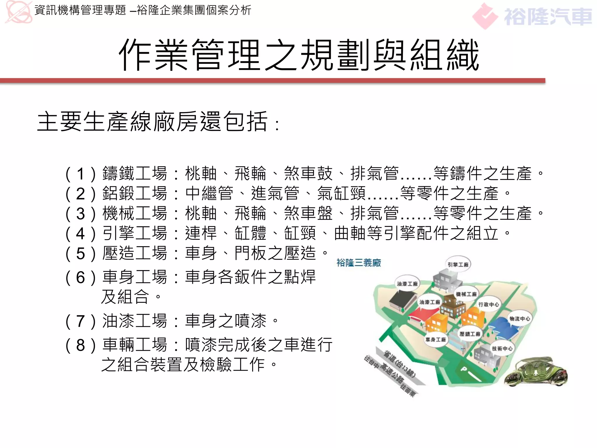 資訊機構管理專題 –裕隆企業集團個案分析



       作業管理之規劃與組織
主要生產線廠房還包括：

  （1）鑄鐵工場：桃軸、飛輪、煞車鼓、排氣管……等鑄件之生產。
  （2）鋁鍛工場：中繼管、進氣管、氣缸頸……等零件之生產。
  （3）機械工場：桃軸、飛輪、煞車盤、排氣管……等零件之生產。
  （4）引擎工場：連桿、缸體、缸頸、曲軸等引擎配件之組立。
  （5）壓造工場：車身、門板之壓造。
  （6）車身工場：車身各鈑件之點焊
     及組合。
  （7）油漆工場：車身之噴漆。
  （8）車輛工場：噴漆完成後之車進行裝潢配件、安全配件、輪胎等
     之組合裝置及檢驗工作。
 