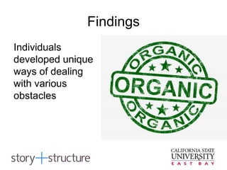 Findings
Individuals
developed unique
ways of dealing
with various
obstacles
 