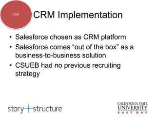 CRM
CRM Implementation
• Salesforce chosen as CRM platform
• Salesforce comes “out of the box” as a
business-to-business solution
• CSUEB had no previous recruiting
strategy
 