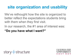 site organization and usability
We’ve rethought how the site is organized to
better reflect the expectations students bring
with them when they first visit.
In our research, the #1 area of interest was:
“Do you have what I want?”
 