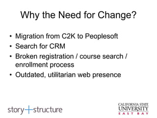 Why the Need for Change?
• Migration from C2K to Peoplesoft
• Search for CRM
• Broken registration / course search /
enrollment process
• Outdated, utilitarian web presence
 