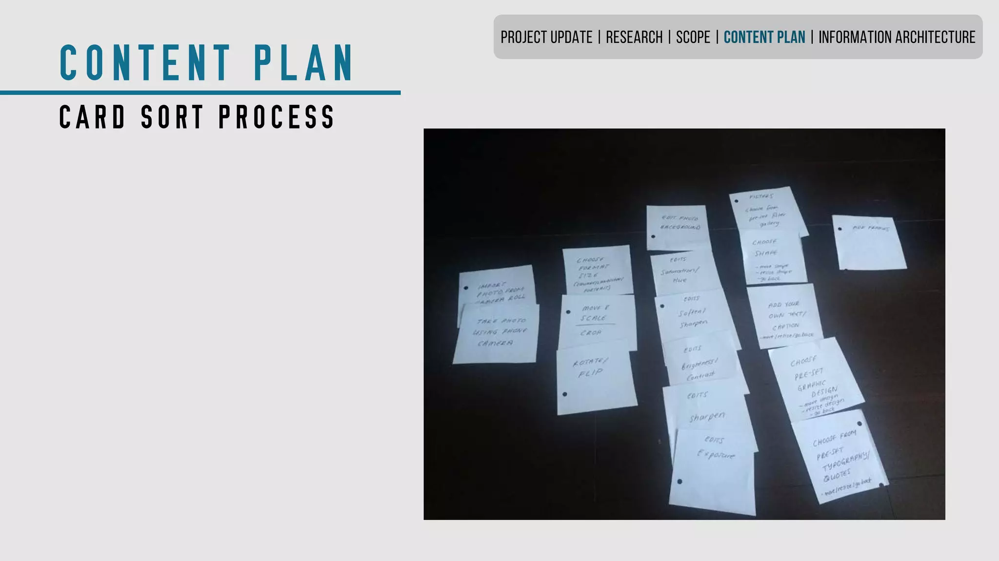 CONTENT PLAN
CARD SORT PROCESS
PROJECT UPDATE | RESEARCH | SCOPE | CONTENT PLAN | INFORMATION ARCHITECTURE
 