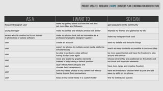 AS A I WANT TO SO I CAN
frequent Instagram user
make my gallery stand out from the rest and
get more likes and followers
gain popularity in the community
young teenager make my selfies and lifestyle photos look better impress my friends and glamorize my life
person who is creative but is not trained
in photoshop or adobe software
make my photos look just as impressive as a
professional graphic designer’s gallery
make my instagram look cool
user create an account save my details and favourite things
user
export my photos to multiple social media platforms
simultaneously
reach as many contacts as possible in one easy step
user
be able to go back a step without
having to start over again
be more experimental and have the freedom to play
around with effects
user
move and scale my graphic elements
instead of only having a default position
choose where they are positioned on the photo and
not block out important elements
user
layer effects/filters/shapes and
choose their transparency
have more range and creative freedom
user
save my edited photos to my camera roll without
having to post them somewhere
have the freedom to choose when to post and still
save my edits on my phone
user keep all my saved media in a custom folder find my edited pics quickly
PROJECT UPDATE | RESEARCH | SCOPE | CONTENT PLAN | INFORMATION ARCHITECTURE
 