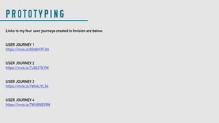 Links to my four user journeys created in Invision are below:
USER JOURNEY 1
https://invis.io/6D46HTFJN
USER JOURNEY 2
https://invis.io/TJ46JTKVM
USER JOURNEY 3
https://invis.io/YW46JYL34
USER JOURNEY 4
https://invis.io/7W46NB39M
PROTOTYPING
 