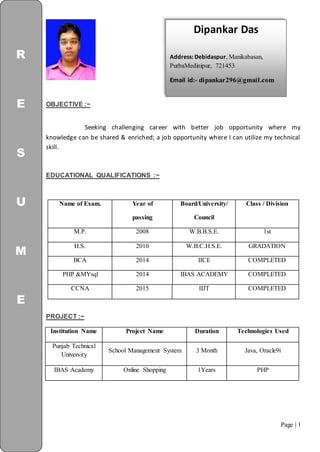 Page | 1
OBJECTIVE :~
Seeking challenging career with better job opportunity where my
knowledge can be shared & enriched; a job opportunity where I can utilize my technical
skill.
EDUCATIONAL QUALIFICATIONS :~
Name of Exam. Year of
passing
Board/University/
Council
Class / Division
M.P. 2008 W.B.B.S.E. 1st
H.S. 2010 W.B.C.H.S.E. GRADATION
BCA 2014 IICE COMPLETED
PHP &MYsql 2014 IBAS ACADEMY COMPLETED
CCNA 2015 IIJT COMPLETED
PROJECT :~
Institution Name Project Name Duration Technologies Used
Punjab Technical
University
School Management System 3 Month Java, Oracle9i
IBAS Academy Online Shopping 1Years PHP
R
E
S
U
M
E
Dipankar Das
Address: Debidaspur, Manikabasan,
PurbaMedinipur, 721453
Email id:- dipankar296@gmail.com
Email: dipankar296@gmail.com
 