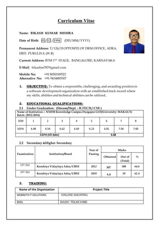 Curriculum Vitae
Name: BIKASH KUMAR MISHRA
Date of Birth: 01/12 /1994 (DD/MM/YYYY)
Permanent Address: T/124/D OPPOSITE OF DRM OFFICE, ADRA,
DIST: PURULIYA (W.B)
Current Address: BTM 1ST STAGE, BANGALORE, KARNATAKA
E-Mail: bikashm787@gmail.com
Mobile No: +91 8050189523
Alternative No: +91 9434885507
1. OBJECTIVE: To obtain a responsible, challenging, and awarding position in
a software development organization with an established track record where
my skills, abilities and technical abilities can be utilized.
2. EDUCATIONAL QUALIFICATIONS:
2.1 Under Graduation: (Stream/Dept. : B.TECH / CSE )
Name of Institution :- NSHM Knowledge Campus Durgapur GOI(University: MAKAUT)
Batch: (2012-2016)
SEM 1 2 3 4 5 6 7 8
SGPA 6.48 6.54 6.62 6.69 6.23 6.81 7.04 7.00
CGPA (till date) 6.68
2.2 Secondary &Higher Secondary
Examination Institution/Board
Year of
Passing
Marks
Obtained Out of
(Total)
%
12th Std
Kendriya Vidaylaya Adra / CBSE 2012 307 500 64.6
10th Std Kendriya Vidaylaya Adra / CBSE 2010 6.8 10 62.4
3. TRAINING:
Name of the Organization Project Title
WEBNET4 IT SOLUTIONS ONLINE SHOPING
BSNL BASIC TELECOME
 