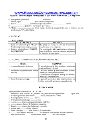 www.ResumosConcursos.hpg.com.br
Apostila: Curso Língua Portuguesa – por Profª Ana Maria C. Chaparro
24
6. Sua apresentação estava .............................. estruturada.
7. O time jogou .............................. mas venceu o campeonato.
8. Passei .............................. durante o dia por ter dormido .............................. à noite.
9. .............................. podíamos crer naquilo que víamos.
10. “Todo o .............................. do Brasil é que a política é uma profissão, mas os políticos não são
profissionais.” (Pe. Júlio Maria)
3. HÁ OU A?
HÁ = VERBO
REGRA PRÁTICA EXEMPLO
1. Pode ser substituído por “FAZ”. É
Usado sempre para tempo passado;
Há (faz) seis meses, o setor de Treinamento
recebeu uma nova estagiária.
2. Pode ser substituído por “EXISTE
OU EXISTEM”.
Na organização, há (=existem) procedimentos
para identificar o potencial e atender a acidentes
e situações de emergência.
“A” = ARTIGO FEMININO/ PREPOSIÇÃO/PRONOME OBLÍQUO
REGRA EXEMPLO
1. Acompanha nomes femininos A alta administração deve analisar o sistema de
gestão ambiental. (Artigo)
2. Estabelece relação entre dois termos
na frase.
O acidente ocorreu a dois quilômetros da base.
(Preposição = relação de distância)
O avião deixará o aeroporto daqui a dez minutos.
(Preposição = tempo futuro)
3. Equivale ao pronome ela. O pessoal responsável pela implementação da
política ambiental a orientou adequadamente.
EXERCÍCIO VII
Agora preencha as lacunas com “A” ou “HÁ”:
1. O interesse pela Melhoria da Qualidade (MQ) tem crescido regularmente ............ alguns anos.
2. Respeite quem vem trabalhando ............ meses para elaborar a rotina.
3. Nosso programa iniciou ............ pouco.
4. O programa iniciará daqui ............ pouco.
5. Agora ............ pouco, ocorreu um acidente na Dutra.
6. ............ poucas chances de fecharmos o negócio.
7. Daqui ............ poucos dias fecharemos o negócio.
8. O sinal soou ............ alguns minutos.
9. Estou esperando ............ dias a entrega da encomenda!
10. ............ dois homens suspeitos, ............ dez minutos , conversando no estacionamento.
11. O acidente ocorreu ............ alguns metros daqui, ............ uns vinte minutos.
 