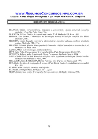 www.ResumosConcursos.hpg.com.br
Apostila: Curso Língua Portuguesa – por Profª Ana Maria C. Chaparro
54
REFERÊNCIAS BIBLIOGRÁFICAS
BELTRÃO, Odacir. Correspondência, linguagem e comunicação: oficial, comercial, bancária,
particular. 16ª ed. São Paulo: Atals,1986.
BLIKSTEIN, Izidoro. Técnicas de comunicação escrita. 7ª ed. São Paulo: Ed. Ática, 1989.
FEITOSA, Vera Cristina. Comunicação na Tecnologia, manual de redação científica. São Paulo:
Brasiliense, 1987.
FERREIRA, Mauro. Redação comercial e administrativa: gramática aplicada, modelos, atividades
práticas. São Paulo: FTD, 1996.
FERREIRA, Reinaldo Mathias. Correspondência Comercial e Oficial, com técnicas de redação, 4ª ed.
São Paulo: Ed. Ática, 1989.
GARCIA, Othon M. Comunicação em Prosa Moderna.
LUFT, Celso Pedro. Grande manual de ortografia Globo, 2ª ed. Rio de Janeiro: Globo,1987.
MESQUITA, Roberto Melo. Gramática da Língua Portuguesa. São Paulo: Saraiva, 1994
O ESTADO DE SÃO PAULO. Manual de redação e estilo, organizado e editado por Eduardo Martins.
São Paulo: O Estado de São Paulo,1990.
PELLEGRINI, Tânia & FERREIRA, Marina. Palavra e arte: 2º grau. São Paulo: Atual, 1997.
REIS, Otelo. Breviário da conjugação de verbos, 48ª ed. Rio de Janeiro: Livraria Francisco Alves Ed.
S/A, 1989.
SANTOS, Ailton. Redação sem medo nem segredos.
SAVIOLLI, Domingos Platão. Português em 44 Lições.
TERRA, Ernani. Guia prático de ortografia: livro do professor. São Paulo: Scipione, 1996.
 