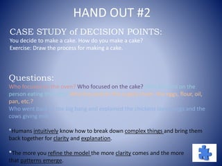 HAND OUT #2
CASE STUDY of DECISION POINTS:
You decide to make a cake. How do you make a cake?
Exercise: Draw the process for making a cake.
Questions:
Who focused on the oven? Who focused on the cake? Who focused on the
person eating the cake? Who focused on the supply chain- the eggs, flour, oil,
pan, etc.?
Who went back to the big bang and explained the chickens laying eggs and the
cows giving milk?
*Humans intuitively know how to break down complex things and bring them
back together for clarity and explanation.
*The more you refine the model the more clarity comes and the more
that patterns emerge.
 