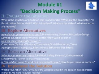 Module #1
“Decision Making Process”
II. Evaluate the Situation
What is the situation or Condition that is undesirable? What are the parameters? Is
this situation fluid or static? Who is involved? What are the stakes? What resources
are required?
III. Explore Alternatives
How do you generate alternatives?: Brainstorming, Surveys, Discussion Groups
Develop an Action Plan: Who will do this? How will it be done?
How do you evaluate alternatives?:
Constraints (Technical/Political/Economical/Social/Resources/Time)
Appropriateness, Adequacy, Effectiveness, Efficiency, Side Effects
IV. Select an Alternative
What is your selection criteria?: Political, Safety, Financial, Environmental,
Ethical/Moral, Power to implement change
Is this solution going to work in a measureable way?: How do you measure success?
IV. Implement the Solution
What is your Action Plan? Have any of the variables utilized in the decision making process
changed? Are more resources required?
 