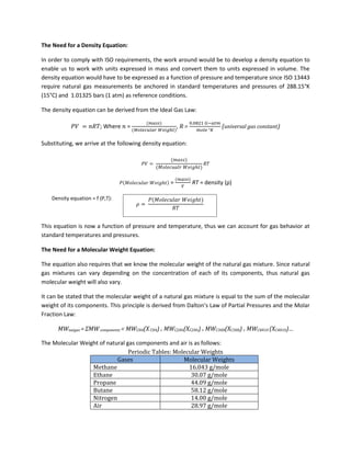 The Need for a Density Equation:
In order to comply with ISO requirements, the work around would be to develop a density equation to
enable us to work with units expressed in mass and convert them to units expressed in volume. The
density equation would have to be expressed as a function of pressure and temperature since ISO 13443
require natural gas measurements be anchored in standard temperatures and pressures of 288.15°K
(15°C) and 1.01325 bars (1 atm) as reference conditions.
The density equation can be derived from the Ideal Gas Law:
; Where = , R = (universal gas constant)
Substituting, we arrive at the following density equation:
= RT = density (ρ)
Density equation = f (P,T):
This equation is now a function of pressure and temperature, thus we can account for gas behavior at
standard temperatures and pressures.
The Need for a Molecular Weight Equation:
The equation also requires that we know the molecular weight of the natural gas mixture. Since natural
gas mixtures can vary depending on the concentration of each of its components, thus natural gas
molecular weight will also vary.
It can be stated that the molecular weight of a natural gas mixture is equal to the sum of the molecular
weight of its components. This principle is derived from Dalton’s Law of Partial Pressures and the Molar
Fraction Law:
MWnatgas =ΣMWcomponents = MWCH4(XCH4)+ MWC2H6(XC2H6)+ MWC3H8(XC3H8)+ MWC4H10 (XC4H10)…
The Molecular Weight of natural gas components and air is as follows:
Periodic Tables: Molecular Weights
Gases Molecular Weights
Methane 16.043 g/mole
Ethane 30.07 g/mole
Propane 44.09 g/mole
Butane 58.12 g/mole
Nitrogen 14.00 g/mole
Air 28.97 g/mole
 
