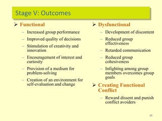 Stage V: Outcomes
 Functional
– Increased group performance
– Improved quality of decisions
– Stimulation of creativity and
innovation
– Encouragement of interest and
curiosity
– Provision of a medium for
problem-solving
– Creation of an environment for
self-evaluation and change
33
 Dysfunctional
– Development of discontent
– Reduced group
effectiveness
– Retarded communication
– Reduced group
cohesiveness
– Infighting among group
members overcomes group
goals
 Creating Functional
Conflict
– Reward dissent and punish
conflict avoiders
 