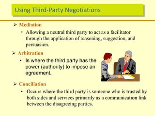 Using Third-Party Negotiations
 Mediation
• Allowing a neutral third party to act as a facilitator
through the application of reasoning, suggestion, and
persuasion.
 Arbitration
• Is where the third party has the
power (authority) to impose an
agreement.
 Conciliation
• Occurs where the third party is someone who is trusted by
both sides and services primarily as a communication link
between the disagreeing parties.
 