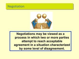 Negotiation
Negotiations may be viewed as a
process in which two or more parties
attempt to reach acceptable
agreement in a situation characterized
by some level of disagreement.
 