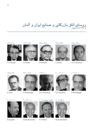 34
‫آلمان‬ ‫و‬ ‫ایران‬ ‫صنایع‬ ‫و‬ ‫بازرگانی‬ ‫اتاق‬ ‫روسای‬
‫امروز‬ ‫به‬ ‫تا‬ 1975 ‫از‬
M. KermanshahaniK. P. DrexlerM. Kowkabi M. Kermanshahani
2004-2006
B. KhanbodaghiG. A. BachmannDr. A. GhazanfariB. KhanbodaghiK. Ullius
H. Schöne Dr. D. KordestaniB. DombeckG. RexrothE. R. Röntgen
1988-1990
1975-1980
1990-1998 1998-2000 2000-2002 2002-2004
1981-1982 1982-1984 1984-1986 1986-1988
2006-2008 2009 ‫ژانویه-سپتامبر‬ 2009 ‫اکتبر‬ ‫از‬
47267_Deutsch-Iranische-IHK_40p_A4plus_lay.indd 34 4/23/2015 4:58:03 PM
 