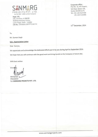 Guman Singh - Appreciation letter from SANMARG.