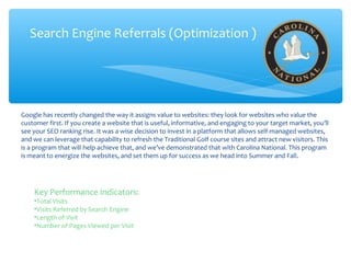 Search Engine Referrals (Optimization )
Google has recently changed the way it assigns value to websites: they look for websites who value the
customer first. If you create a website that is useful, informative, and engaging to your target market, you’ll
see your SEO ranking rise. It was a wise decision to invest in a platform that allows self-managed websites,
and we can leverage that capability to refresh the Traditional Golf course sites and attract new visitors. This
is a program that will help achieve that, and we’ve demonstrated that with Carolina National. This program
is meant to energize the websites, and set them up for success as we head into Summer and Fall.
Key Performance Indicators:
•Total Visits
•Visits Referred by Search Engine
•Length of Visit
•Number of Pages Viewed per Visit
 