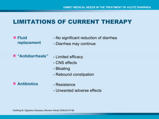 LIMITATIONS OF CURRENT THERAPY Fluid replacement - No significant reduction of diarrhea - Diarrhea may continue “ Antidiarrheals” - Limited efficacy - CNS effects - Bloating - Rebound constipation Antibiotics - Resistance - Unwanted adverse effects Farthing M.  Digestive Diseases (Review Article)  2006;24:47-58 UNMET MEDICAL NEEDS IN THE TREATMENT OF ACUTE DIARRHEA 