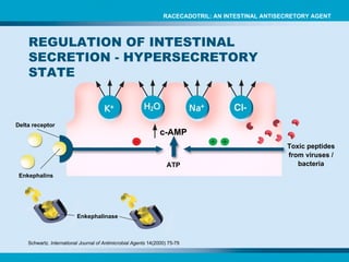 c-AMP ATP Schwartz.  International Journal of Antimicrobial Agents  14(2000) 75-79 Enkephalins Enkephalinase Delta receptor Toxic peptides from viruses / bacteria REGULATION OF INTESTINAL SECRETION - HYPERSECRETORY STATE RACECADOTRIL: AN INTESTINAL ANTISECRETORY AGENT 