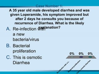 Case Number 1: A 35 year old male developed diarrhea and was given Loperamide, his symptom improved but after 2 days he consults you because of recurrence of Diarrhea. What is the likely explanation? Re-infection with a new bacteria/virus Bacterial proliferation This is osmotic Diarrhea 