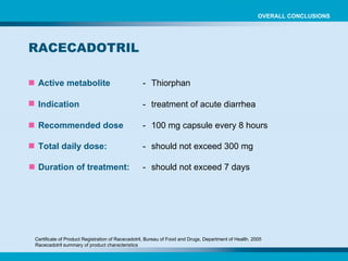 Active metabolite - Thiorphan Indication - treatment of acute diarrhea Recommended dose - 100 mg capsule every 8 hours Total daily dose: - should not exceed 300 mg Duration of treatment: - should not exceed 7 days Certificate of Product Registration of Racecadotril, Bureau of Food and Drugs, Department of Health. 2005 Racecadotril summary of product characteristics RACECADOTRIL OVERALL CONCLUSIONS 