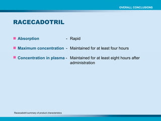 Absorption - Rapid Maximum concentration - Maintained for at least four hours Concentration in plasma  - Maintained for at least eight hours after  administration RACECADOTRIL OVERALL CONCLUSIONS Racecadotril summary of product characteristics 