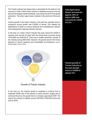 3
The Tractor industry has always been a barometer for the state of rural
economy in India. Indian tractor industry is relatively young but now has
become the largest market worldwide, accounting one third of the global
production. The other major tractor markets in the world are China and
US.
Volume growth in the tractor industry in the past four decades show a
compound annual growth rate (CAGR) of almost 10% despite the
dependency of sales on various seasonal and miscellaneous reasons
and subsequently impacting industry volumes.
In the long run, Indian Tractor Industry has seen robust 8% CAGR in
volumes over the last 43 years with two string bouts occurring during
1973-2000 and 2003-2014. There was a sudden downfall in growth of
the industry during 2000-2003. However, the growth was far from linear
because of various seasonal and unavoidable circumstances. Source:
(Philip Capital: Tractor, 2016)
In the long run, the industry growth is expected to continue from a
moderate CAGR rate of five percent to seven percent, largely due to
continued thrust by the government to increase agricultural GDP. We
expect the industry to stabilize around 450,000 to 500,000 tractors per
year by 2020.
Growth of Tractor Industry
MSP and
Lending
Rate
Seasonal
Factors
Historical
CAGR
India Agriculture
Sector accounts for
approx. 20% of
India’s GDP and
accounts for CAGR
of 2.2%
Volume growth of
Tractor Industry in
the past decade
shows a CAGR of
almost 10%
 