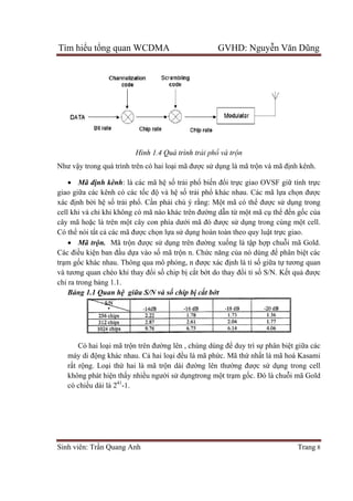 Tìm hiểu tổng quan WCDMA GVHD: Nguyễn Văn Dũng
Sinh viên: Trần Quang Anh Trang 8
Hình 1.4 Quá trình trải phổ và trộn
Như vậy trong quá trình trên có hai loại mã được sử dụng là mã trộn và mã định kênh.
 Mã định kênh: là các mã hệ số trải phổ biến đổi trực giao OVSF giữ tính trực
giao giữa các kênh có các tốc độ và hệ số trải phổ khác nhau. Các mã lựa chọn được
xác định bởi hệ số trải phổ. Cần phải chú ý rằng: Một mã có thể được sử dụng trong
cell khi và chỉ khi không có mã nào khác trên đường dẫn từ một mã cụ thể đến gốc của
cây mã hoặc là trên một cây con phía dưới mã đó được sử dụng trong cùng một cell.
Có thể nói tất cả các mã được chọn lựa sử dụng hoàn toàn theo quy luật trực giao.
 Mã trộn. Mã trộn được sử dụng trên đường xuống là tập hợp chuỗi mã Gold.
Các điều kiện ban đầu dựa vào số mã trộn n. Chức năng của nó dùng để phân biệt các
trạm gốc khác nhau. Thông qua mô phỏng, n được xác định là tỉ số giữa tự tương quan
và tương quan chéo khi thay đổi số chip bị cắt bớt do thay đổi tỉ số S/N. Kết quả được
chỉ ra trong bảng 1.1.
Bảng 1.1 Quan hệ giữa S/N và số chip bị cắt bớt
Có hai loại mã trộn trên đường lên , chúng dùng để duy trì sự phân biệt giữa các
máy di động khác nhau. Cả hai loại đều là mã phức. Mã thứ nhất là mã hoá Kasami
rất rộng. Loại thứ hai là mã trộn dài đường lên thường được sử dụng trong cell
không phát hiện thấy nhiều người sử dụngtrong một trạm gốc. Đó là chuỗi mã Gold
có chiều dài là 241
-1.
 