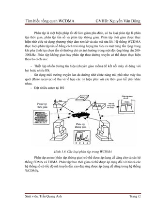 Tìm hiểu tổng quan WCDMA GVHD: Nguyễn Văn Dũng
Sinh viên: Trần Quang Anh Trang 12
Phân tập là một biện pháp tốt để làm giảm pha đinh, có ba loại phân tập là phân
tập thời gian, phân tập tần số và phân tập không gian. Phân tập thời gian được thực
hiện nhờ việc sử dụng phương pháp đan xen kẽ và các mã sửa lỗi. Hệ thống WCDMA
thực hiện phân tập tần số bằng cách trải năng lượng tín hiệu ra một băng tần rộng trong
khi pha đinh lựa chọn tần số thường chỉ có ảnh hưởng trong một độ rộng băng tần 200-
300kHz. Phân tập không gian hay phân tập theo đường truyền có thể được thực hiện
theo ba cách sau:
- Thiết lập nhiều đường tín hiệu (chuyển giao mềm) để kết nối máy di động với
hai hoặc nhiều BS.
- Sử dụng môi trường truyền lan đa đường nhờ chức năng trải phổ như máy thu
quét (Rake receiver) sẽ thu và tổ hợp các tín hiệu phát với các thời gian trễ phát khác
nhau.
- Đặt nhiều anten tại BS
Hình 1.6 Các loại phân tập trong WCDMA
Phân tập anten (phân tập không gian) có thể được áp dụng dễ dàng cho cả các hệ
thống FDMA và TDMA. Phân tập theo thời gian có thể được áp dụng đối với tất cả các
hệ thống số có tốc độ mã truyền dẫn cao đáp ứng được áp dụng dễ dàng trong hệ thống
WCDMA.
 