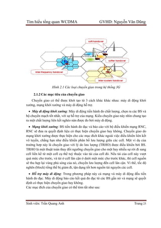 Tìm hiểu tổng quan WCDMA GVHD: Nguyễn Văn Dũng
Sinh viên: Trần Quang Anh Trang 25
Hình 2.1 Các loại chuyển giao trong hệ thống 3G
2.1.2 Các mục tiêu của chuyển giao
Chuyển giao có thể được khởi tạo từ 3 cách khác khác nhau: máy di động khởi
xướng, mạng khởi xướng và máy di động hỗ trợ.
 Máy di động khởi xướng: Máy di động tiến hành đo chất lượng, chọn ra các BS và
bộ chuyển mạch tốt nhất, với sự hỗ trợ của mạng. Kiểu chuyển giao này nhìn chung tạo
ra một chất lượng liên kết nghèo nàn được đo bởi máy di động.
 Mạng khởi xướng: BS tiến hành đo đạc và báo cáo với bộ điều khiển mạng RNC,
RNC sẽ đưa ra quyết định liệu có thực hiện chuyển giao hay không. Chuyển giao do
mạng khởi xướng được thực hiện cho các mục đích khác ngoài việc điều khiển liên kết
vô tuyến, chẳng hạn như điều khiển phân bố lưu lượng giữa các cell. Một ví dụ của
trường hơp này là chuyển giao với lý do lưu lượng (TRHO) được điều khiển bởi BS.
TRHO là một thuật toán thay đổi ngưỡng chuyển giao cho một hay nhiều sự rời đi sang
cell liền kề từ một cell cụ thể tuỳ thuộc vào tải của cell đó. Nếu tải của cell này vượt
quá mức cho trước, và tải ở cell lân cận ở dưới một mức cho trước khác, thì cell nguồn
sẽ thu hẹp lại vùng phủ sóng của nó, chuyển lưu lượng đến cell lân cận. Vì thế, tốc độ
nghẽn (block) tổng thể bị giảm đi, tận dụng tốt hơn nguồn tài nguyên các cell.
 Hỗ trợ máy di động: Trong phương pháp này cả mạng và máy di động đều tiến
hành đo đạc. Máy di động báo cáo kết quả đo đạc từ các BS gần nó và mạng sẽ quyết
định có thực hiện chuyển giao hay không.
Các mục đích của chuyển giao có thể tóm tắt như sau:
 