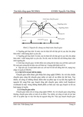 Tìm hiểu tổng quan WCDMA GVHD: Nguyễn Văn Dũng
Sinh viên: Trần Quang Anh Trang 28
Hình 2.2 Nguyên tắc chung của thuật toán chuyển giao
 Ngưỡng giới hạn trên: là mức của tín hiệu kết nối đạt giá trị cực đại cho phép
thỏa mãn 1 chất lượng dịch vụ yêu cầu.
 Ngưỡng giới hạn dưới: là mức của tín hiệu kết nối đạt giá trị cực tiểu cho phép
thỏa mãn 1 chất lượng dịch vụ yêu cầu. Do đó, mức tín hiêu kết nối không được nằm
dưới ngưỡng đó.
 Giới hạn chuyển giao: là thời điểm mà cường độ tín hiệu của cell bên cạnh (cell
B) vượt quá cường độ tín hiệu của cell hiện tại 1 lượng nhất định (cell A).
 Tập tích cực: là một danh sách các cell mà UE kết nối đồng thời tới, mạng truy
nhập vô tuyến (UTRAN).
2.2 CHUYỂN GIAO MỀM (SHO)
Chuyển giao mềm được giới thiệu bởi công nghệ CDMA. So với tiêu chuẩn
chuyển giao cứng thì chuyển giao mềm có một số ưu điểm lợi thế hơn. Tuy
nhiên, nó cũng có những nhược điểm như sự phức tạp và sự tiêu thụ nguồn tài
nguyên bổ sung.Việc quy hoạch tổng phí chuyển giao mềm (soft handover
overhead) là một trong những thành phần cơ bản của việc quy hoạch và tối ưu
hoá mạng vô tuyến.
2.2.1 Chuyển giao mềm
Chuyển giao mềm chỉ có trong công nghệ CDMA. So với chuyển giao cứng thông
thường, chuyển giao mềm có một số ưu điểm. Tuy nhiên, nó cũng có một số các hạn
chế về sự phức tạp và việc tiêu thụ tài nguyên tăng lên. Việc quy hoạch chuyển giao
 