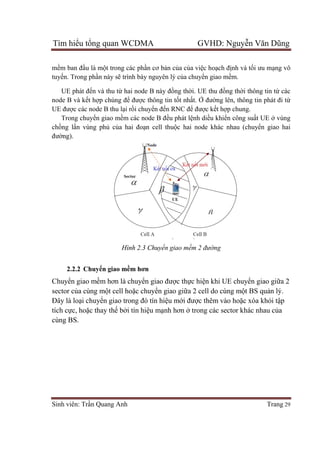 Tìm hiểu tổng quan WCDMA GVHD: Nguyễn Văn Dũng
Sinh viên: Trần Quang Anh Trang 29
mềm ban đầu là một trong các phần cơ bản của của việc hoạch định và tối ưu mạng vô
tuyến. Trong phần này sẽ trình bày nguyên lý của chuyển giao mềm.
UE phát đến và thu từ hai node B này đồng thời. UE thu đồng thời thông tin từ các
node B và kết hợp chúng để được thông tin tốt nhất. Ở đường lên, thông tin phát đi từ
UE được các node B thu lại rồi chuyển đến RNC để được kết hợp chung.
Trong chuyển giao mềm các node B đều phát lệnh diều khiển công suất UE ở vùng
chồng lấn vùng phủ của hai đoạn cell thuộc hai node khác nhau (chuyển giao hai
đường).
Hình 2.3 Chuyển giao mềm 2 đường
2.2.2 Chuyển giao mềm hơn
Chuyển giao mềm hơn là chuyển giao được thực hiện khi UE chuyển giao giữa 2
sector của cùng một cell hoặc chuyển giao giữa 2 cell do cùng một BS quản lý.
Đây là loại chuyển giao trong đó tín hiệu mới được thêm vào hoặc xóa khỏi tập
tích cực, hoặc thay thế bởi tín hiệu mạnh hơn ở trong các sector khác nhau của
cùng BS.
 