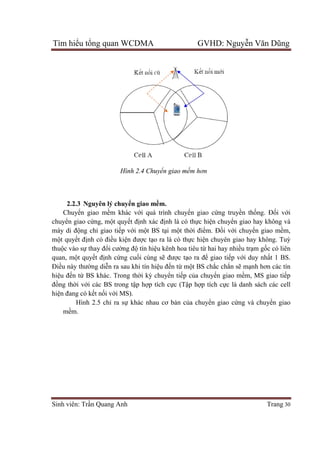 Tìm hiểu tổng quan WCDMA GVHD: Nguyễn Văn Dũng
Sinh viên: Trần Quang Anh Trang 30
Hình 2.4 Chuyển giao mềm hơn
2.2.3 Nguyên lý chuyển giao mềm.
Chuyển giao mềm khác với quá trình chuyển giao cứng truyền thống. Đối với
chuyển giao cứng, một quyết định xác định là có thực hiện chuyển giao hay không và
máy di động chỉ giao tiếp với một BS tại một thời điểm. Đối với chuyển giao mềm,
một quyết định có điều kiện được tạo ra là có thực hiện chuyên giao hay không. Tuỳ
thuộc vào sự thay đổi cường độ tín hiệu kênh hoa tiêu từ hai hay nhiều trạm gốc có liên
quan, một quyết định cứng cuối cùng sẽ được tạo ra để giao tiếp với duy nhất 1 BS.
Điều này thường diễn ra sau khi tín hiệu đến từ một BS chắc chắn sẽ mạnh hơn các tín
hiệu đến từ BS khác. Trong thời kỳ chuyển tiếp của chuyển giao mềm, MS giao tiếp
đồng thời với các BS trong tập hợp tích cực (Tập hợp tích cực là danh sách các cell
hiện đang có kết nối với MS).
Hình 2.5 chỉ ra sự khác nhau cơ bản của chuyển giao cứng và chuyển giao
mềm.
 