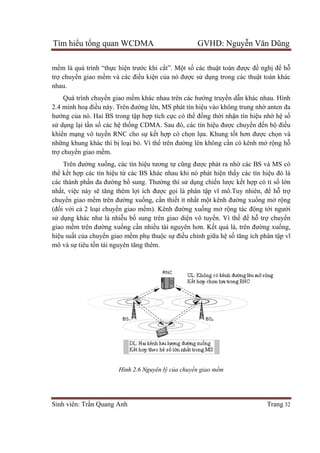 Tìm hiể
Sinh viên: Tr
mềm là quá trình “th
trợ chuyển giao m
nhau.
Quá trình chuy
2.4 minh ho
hướng của nó. Hai BS trong t
sử dụng lạ
khiển mạng vô tuy
những khung khác thì b
trợ chuyển giao m
Trên đư
thể kết hợ
các thành ph
nhất, việc này s
chuyển giao m
(đối với c
sử dụng khác như là nhi
giao mềm trên đư
hiệu suất c
mô và sự
ểu tổng quan WCDMA GVHD: Nguy
Sinh viên: Trần Quang Anh
m là quá trình “thực hiện trước khi c
n giao mềm và các điều kiện c
Quá trình chuyển giao mềm khác nhau trên các hư
2.4 minh hoạ điều này. Trên đường lên, MS phát tín hi
a nó. Hai BS trong tập hợp tích c
ại tần số các hệ thống CDMA. Sau đó, các tín hi
ng vô tuyến RNC cho sự kế
ng khung khác thì bị loại bỏ. Vì th
n giao mềm.
Trên đường xuống, các tín hiệu tương t
ợp các tín hiệu từ các BS khác nhau khi nó phát hi
các thành phần đa đường bổ sung. Thư
c này sẽ tăng thêm lợi ích đư
n giao mềm trên đường xuống, c
i cả 2 loại chuyển giao mềm). Kê
ng khác như là nhiễu bố sung trên giao di
m trên đường xuống cần nhiều tài nguyên hơn. K
t của chuyển giao mềm phụ thu
tiêu tốn tài nguyên tăng thêm.
Hình 2.6 Nguyên lý c
ng quan WCDMA GVHD: Nguy
c khi cắt”. Một số các thuật toán đư
n của nó được sử dụng trong các thu
m khác nhau trên các hướng truyền d
ng lên, MS phát tín hiệu vào không trung nh
p tích cực có thể đồng thời nhậ
ng CDMA. Sau đó, các tín hiệu được chuy
ết hợp có chọn lựa. Khung tố
. Vì thế trên đường lên không cần có kênh m
u tương tự cũng được phát ra nh
các BS khác nhau khi nó phát hiện thấ
Thường thì sử dụng chiến lược k
i ích được gọi là phân tập vĩ mô.Tuy nhi
ng, cần thiết ít nhất một kênh đư
m). Kênh đường xuống mở rộng tác đ
sung trên giao diện vô tuyến. Vì th
u tài nguyên hơn. Kết quả là, trên đư
thuộc sự điều chỉnh giữa hệ số
n tài nguyên tăng thêm.
Nguyên lý của chuyển giao mềm
ng quan WCDMA GVHD: Nguyễn Văn Dũng
Trang 32
t toán được đề nghị để hỗ
ng trong các thuật toán khác
n dẫn khác nhau. Hình
u vào không trung nhờ anten đa
ận tín hiệu nhờ hệ số
c chuyển đến bộ điều
ốt hơn được chọn và
n có kênh mở rộng hỗ
c phát ra nhờ các BS và MS có
ấy các tín hiệu đó là
c kết hợp có tỉ số lớn
ĩ mô.Tuy nhiên, để hỗ trợ
t kênh đường xuống mở rộng
ng tác động tới người
n. Vì thế để hỗ trợ chuyển
là, trên đường xuống,
ố tăng ích phân tập vĩ
 