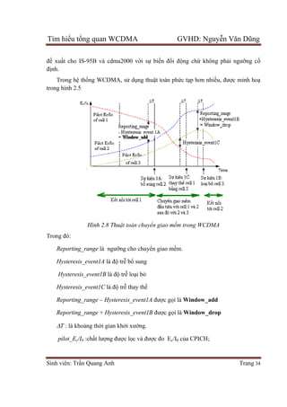 Tìm hiểu tổng quan WCDMA GVHD: Nguyễn Văn Dũng
Sinh viên: Trần Quang Anh Trang 34
đề xuất cho IS-95B và cdma2000 với sự biến đổi động chứ không phải ngưỡng cố
định.
Trong hệ thống WCDMA, sử dụng thuật toán phức tạp hơn nhiều, được minh hoạ
trong hình 2.5
Hình 2.8 Thuật toán chuyển giao mềm trong WCDMA
Trong đó:
Reporting_range là ngưỡng cho chuyển giao mềm.
Hysteresis_event1A là độ trễ bổ sung
Hysteresis_event1B là độ trễ loại bỏ
Hysteresis_event1C là độ trễ thay thế
Reporting_range – Hysteresis_event1A được gọi là Window_add
Reporting_range + Hysteresis_event1B được gọi là Window_drop
T : là khoảng thời gian khởi xướng.
pilot_Ec/I0 :chất lượng được lọc và được đo Ec/I0 của CPICH;
 