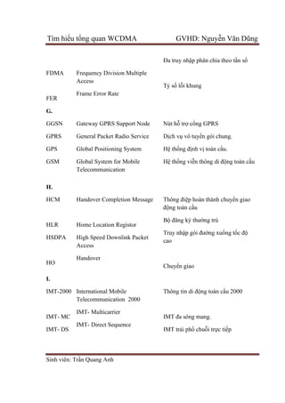 Tìm hiểu tổng quan WCDMA GVHD: Nguyễn Văn Dũng
Sinh viên: Trần Quang Anh
FDMA
FER
Frequency Division Multiple
Access
Frame Error Rate
Đa truy nhập phân chia theo tần số
Tỷ số lỗi khung
G.
GGSN
GPRS
GPS
GSM
Gateway GPRS Support Node
General Packet Radio Service
Global Positioning System
Global System for Mobile
Telecommunication
Nút hỗ trợ cổng GPRS
Dịch vụ vô tuyến gói chung.
Hệ thống định vị toàn cầu.
Hệ thống viễn thông di động toàn cầu
H.
HCM
HLR
HSDPA
HO
Handover Completion Message
Home Location Registor
High Speed Downlink Packet
Access
Handover
Thông điệp hoàn thành chuyển giao
động toàn cầu
Bộ đăng ký thường trú
Truy nhập gói đường xuống tốc độ
cao
Chuyển giao
I.
IMT-2000
IMT- MC
IMT- DS
International Mobile
Telecommunication 2000
IMT- Multicarrier
IMT- Direct Sequence
Thông tin di động toàn cầu 2000
IMT đa sóng mang.
IMT trải phổ chuỗi trực tiếp
 