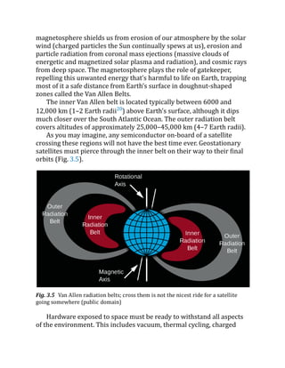 magnetosphere shields us from erosion of our atmosphere by the solar
wind (charged particles the Sun continually spews at us), erosion and
particle radiation from coronal mass ejections (massive clouds of
energetic and magnetized solar plasma and radiation), and cosmic rays
from deep space. The magnetosphere plays the role of gatekeeper,
repelling this unwanted energy that’s harmful to life on Earth, trapping
most of it a safe distance from Earth’s surface in doughnut-shaped
zones called the Van Allen Belts.
The inner Van Allen belt is located typically between 6000 and
12,000 km (1–2 Earth radii20
) above Earth’s surface, although it dips
much closer over the South Atlantic Ocean. The outer radiation belt
covers altitudes of approximately 25,000–45,000 km (4–7 Earth radii).
As you may imagine, any semiconductor on-board of a satellite
crossing these regions will not have the best time ever. Geostationary
satellites must pierce through the inner belt on their way to their final
orbits (Fig. 3.5).
Fig. 3.5 Van Allen radiation belts; cross them is not the nicest ride for a satellite
going somewhere (public domain)
Hardware exposed to space must be ready to withstand all aspects
of the environment. This includes vacuum, thermal cycling, charged
 