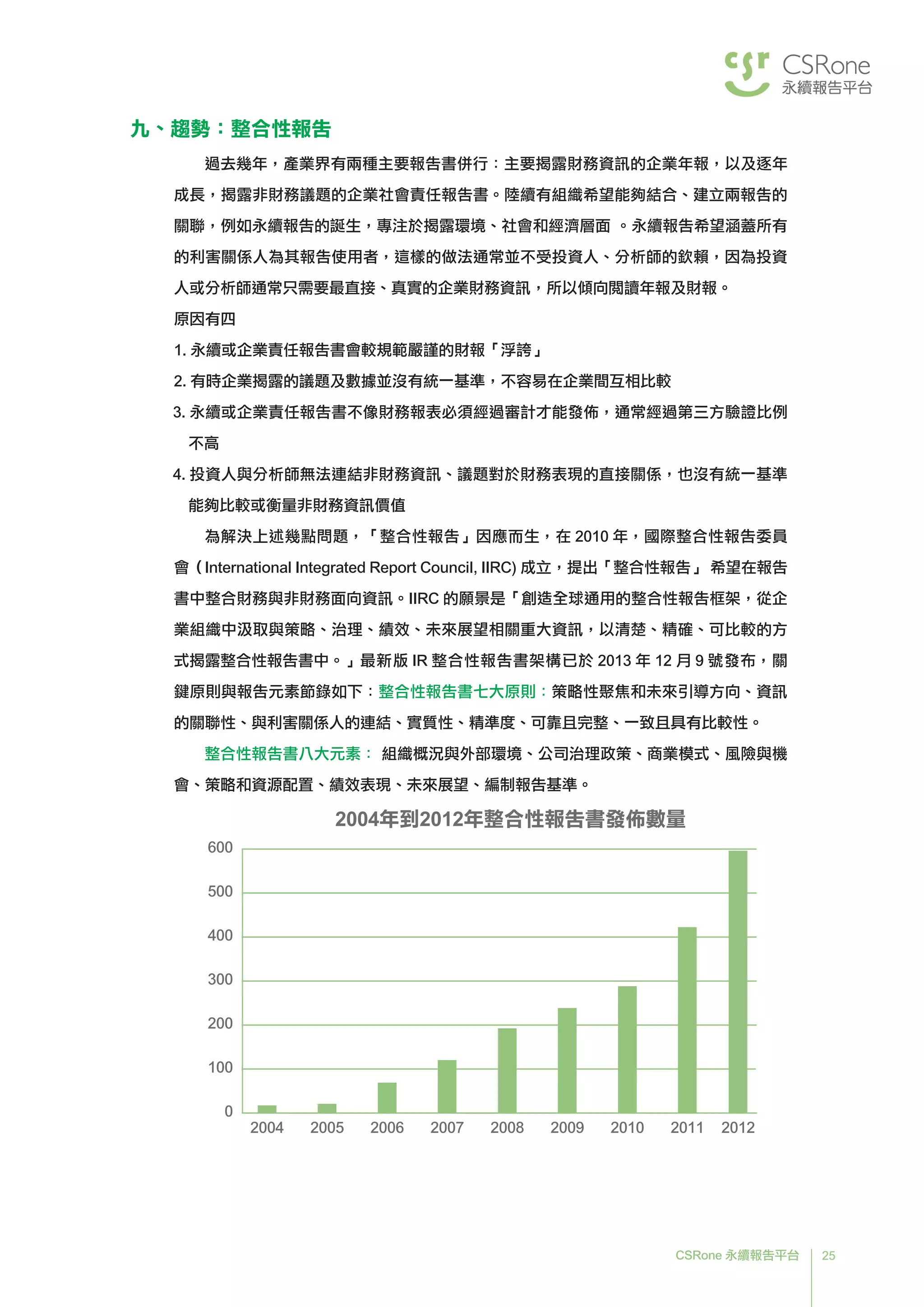 25CSRone 永續報告平台
九、趨勢：整合性報告
過去幾年，產業界有兩種主要報告書併行：主要揭露財務資訊的企業年報，以及逐年
成長，揭露非財務議題的企業社會責任報告書。陸續有組織希望能夠結合、建立兩報告的
關聯，例如永續報告的誕生，專注於揭露環境、社會和經濟層面 。永續報告希望涵蓋所有
的利害關係人為其報告使用者，這樣的做法通常並不受投資人、分析師的欽賴，因為投資
人或分析師通常只需要最直接、真實的企業財務資訊，所以傾向閱讀年報及財報。
原因有四
1.	永續或企業責任報告書會較規範嚴謹的財報「浮誇」
2.	有時企業揭露的議題及數據並沒有統一基準，不容易在企業間互相比較
3. 永續或企業責任報告書不像財務報表必須經過審計才能發佈，通常經過第三方驗證比例
不高
4. 投資人與分析師無法連結非財務資訊、議題對於財務表現的直接關係，也沒有統一基準
能夠比較或衡量非財務資訊價值
為解決上述幾點問題，「整合性報告」因應而生，在 2010 年，國際整合性報告委員
會（International Integrated Report Council, IIRC) 成立，提出「整合性報告」 希望在報告
書中整合財務與非財務面向資訊。IIRC 的願景是「創造全球通用的整合性報告框架，從企
業組織中汲取與策略、治理、績效、未來展望相關重大資訊，以清楚、精確、可比較的方
式揭露整合性報告書中。」	最新版 IR 整合性報告書架構已於 2013 年 12 月 9 號發布，關
鍵原則與報告元素節錄如下：整合性報告書七大原則：策略性聚焦和未來引導方向、資訊
的關聯性、與利害關係人的連結、實質性、精準度、可靠且完整、一致且具有比較性。
整合性報告書八大元素： 組織概況與外部環境、公司治理政策、商業模式、風險與機
會、策略和資源配置、績效表現、未來展望、編制報告基準。
2004 2005 2006 2007 2008 2009 2010 2011 2012
2004年到2012年整合性報告書發佈數量
600
400
500
200
300
100
0
 