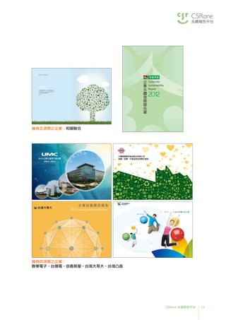 13CSRone 永續報告平台
擁有四項獎之企業：
聯華電子、台積電、信義房屋、台灣大哥大、台灣凸版
擁有五項獎之企業：和碩聯合
 