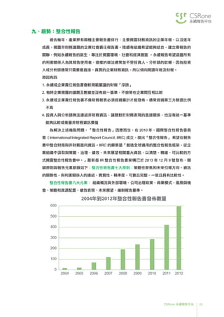 25CSRone 永續報告平台
九、趨勢：整合性報告
過去幾年，產業界有兩種主要報告書併行：主要揭露財務資訊的企業年報，以及逐年
成長，揭露非財務議題的企業社會責任報告書。陸續有組織希望能夠結合、建立兩報告的
關聯，例如永續報告的誕生，專注於揭露環境、社會和經濟層面 。永續報告希望涵蓋所有
的利害關係人為其報告使用者，這樣的做法通常並不受投資人、分析師的欽賴，因為投資
人或分析師通常只需要最直接、真實的企業財務資訊，所以傾向閱讀年報及財報。
原因有四
1.	永續或企業責任報告書會較規範嚴謹的財報「浮誇」
2.	有時企業揭露的議題及數據並沒有統一基準，不容易在企業間互相比較
3. 永續或企業責任報告書不像財務報表必須經過審計才能發佈，通常經過第三方驗證比例
不高
4. 投資人與分析師無法連結非財務資訊、議題對於財務表現的直接關係，也沒有統一基準
能夠比較或衡量非財務資訊價值
為解決上述幾點問題，「整合性報告」因應而生，在 2010 年，國際整合性報告委員
會（International Integrated Report Council, IIRC) 成立，提出「整合性報告」 希望在報告
書中整合財務與非財務面向資訊。IIRC 的願景是「創造全球通用的整合性報告框架，從企
業組織中汲取與策略、治理、績效、未來展望相關重大資訊，以清楚、精確、可比較的方
式揭露整合性報告書中。」	最新版 IR 整合性報告書架構已於 2013 年 12 月 9 號發布，關
鍵原則與報告元素節錄如下：整合性報告書七大原則：策略性聚焦和未來引導方向、資訊
的關聯性、與利害關係人的連結、實質性、精準度、可靠且完整、一致且具有比較性。
整合性報告書八大元素： 組織概況與外部環境、公司治理政策、商業模式、風險與機
會、策略和資源配置、績效表現、未來展望、編制報告基準。
2004 2005 2006 2007 2008 2009 2010 2011 2012
2004年到2012年整合性報告書發佈數量
600
400
500
200
300
100
0
 