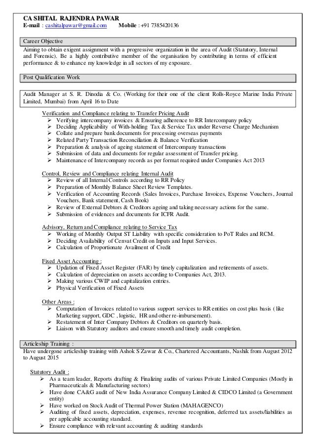 resume ca shital pawar career objective for internal auditor